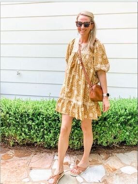 Old Navy Yellow Floral Boho Puff Sleeve Mini Swing Dress M Cottagecore Lunch